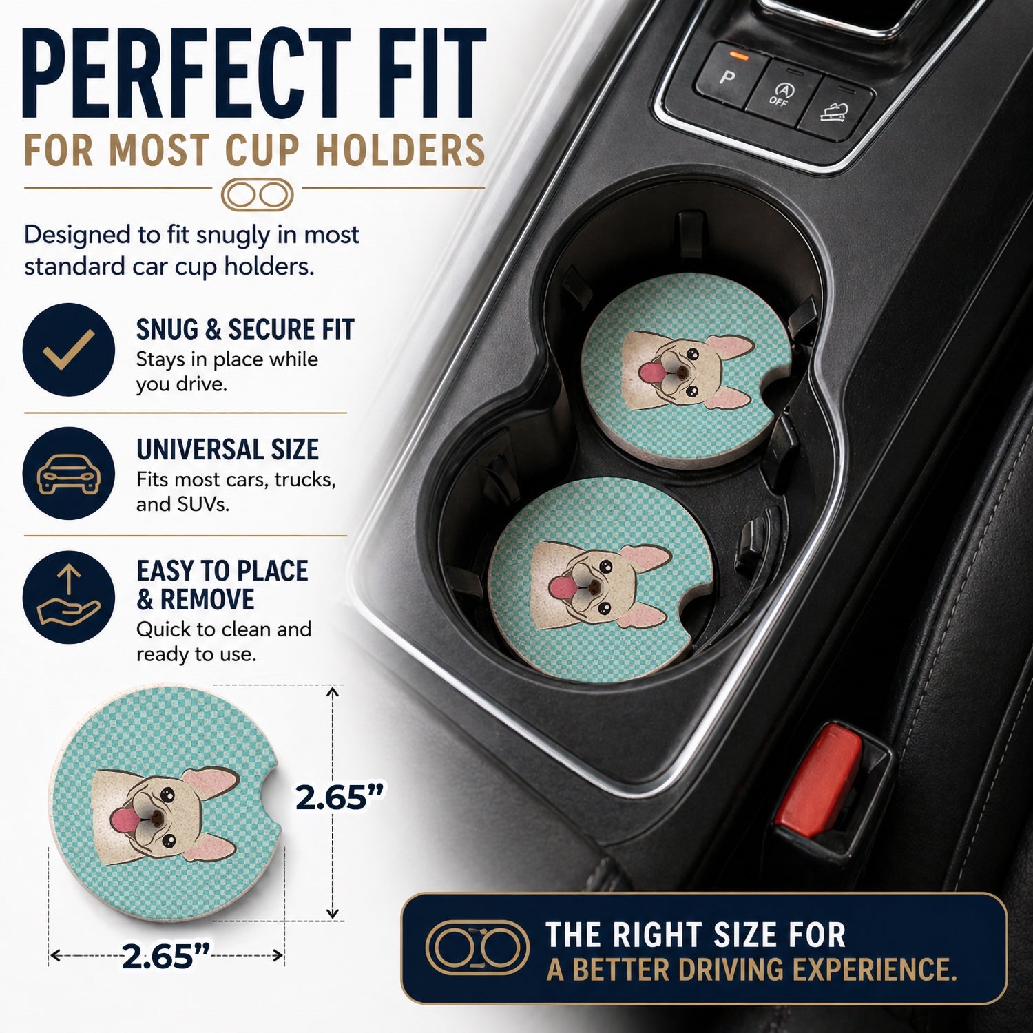 Checkerboard Blue French Bulldog Set of 2 Cup Holder Car Coasters Absorbent Round Sandstone Coasters Gifts for Men or Women, 2.5, Multicolor