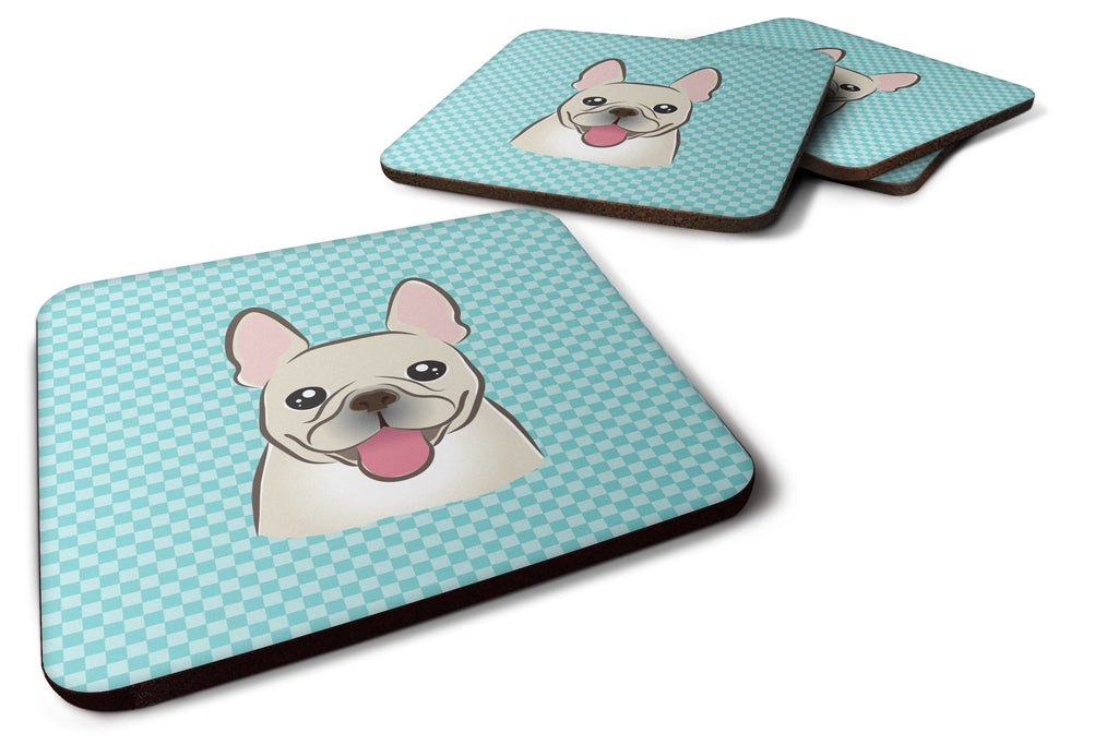 Checkerboard Blue French Bulldog Foam Coasters Set of 4 Cup Coasters for Indoor Outdoor, Tabletop Protection, Anti Slip, Mouse pad Material
