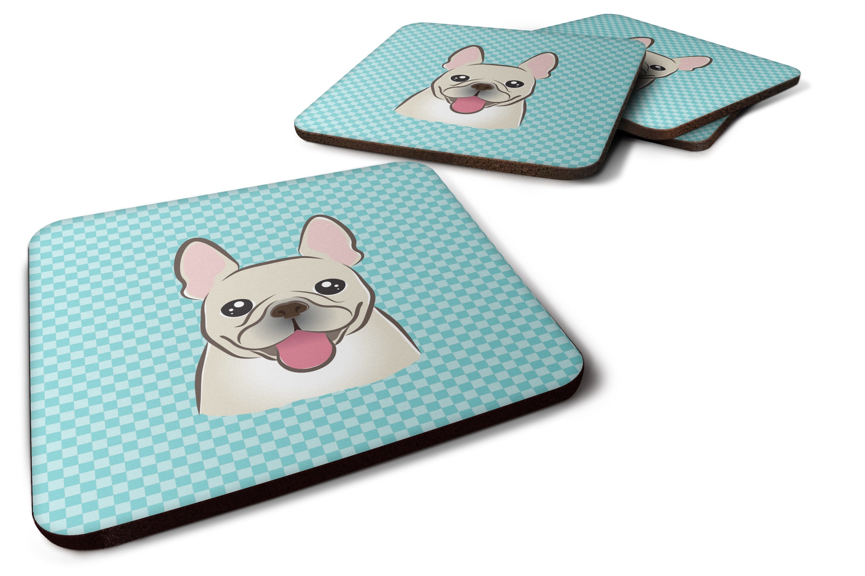 Checkerboard Blue French Bulldog Foam Coasters Set of 4 Cup Coasters for Indoor Outdoor, Tabletop Protection, Anti Slip, Mouse pad Material