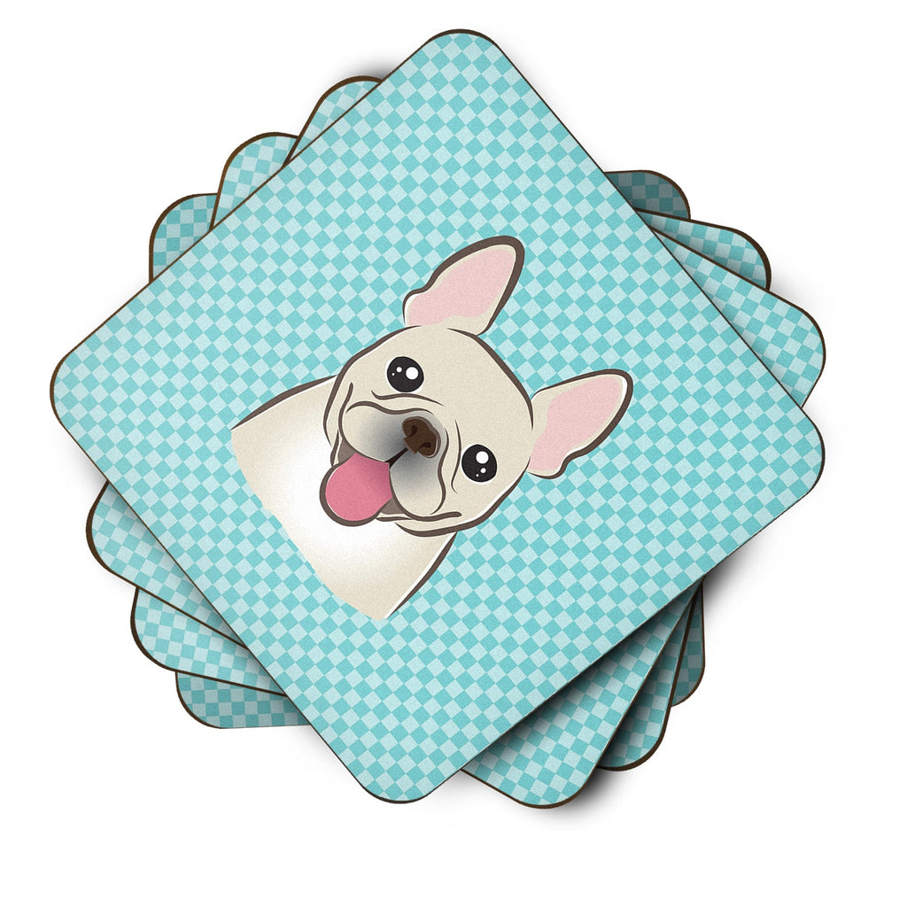 Checkerboard Blue French Bulldog Foam Coasters Set of 4 Cup Coasters for Indoor Outdoor, Tabletop Protection, Anti Slip, Mouse pad Material