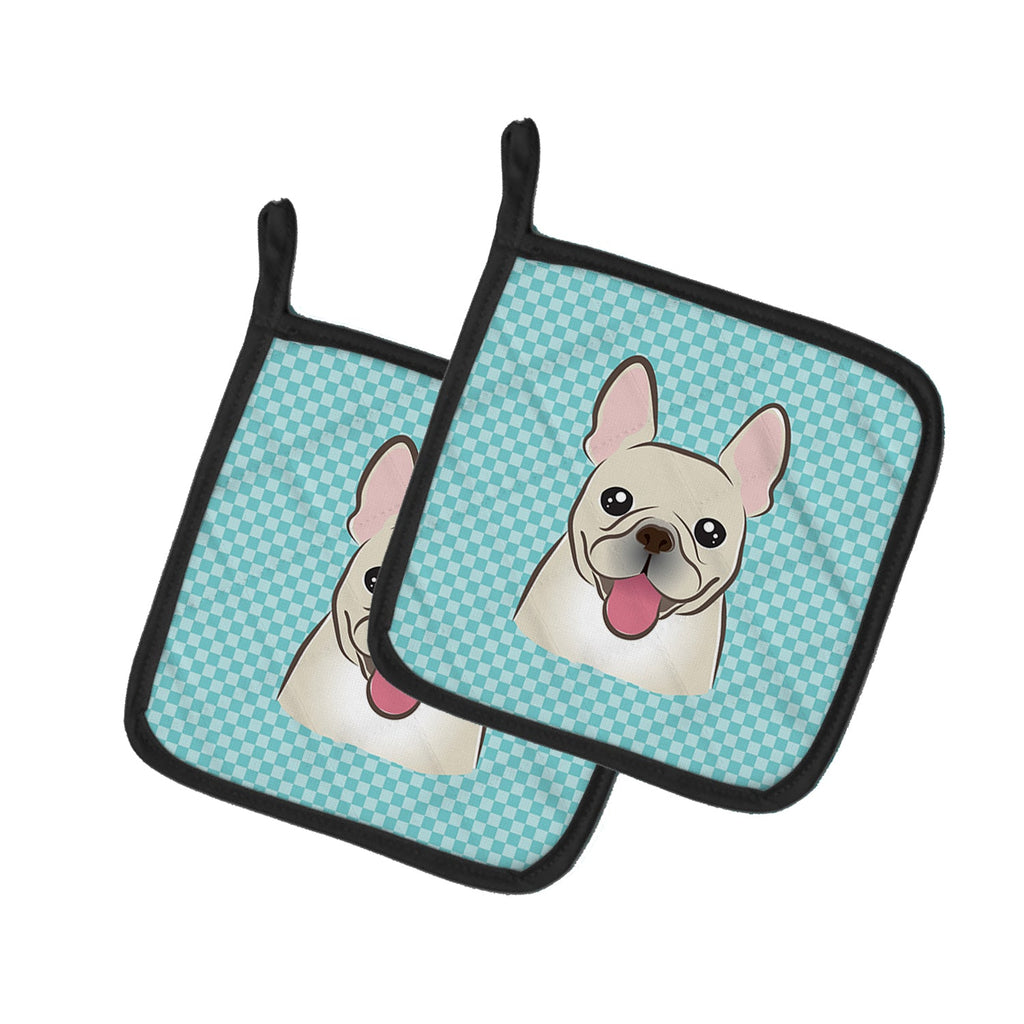 Checkerboard Blue French Bulldog Pot Holder Set of 2 Heat Resistant Quilted Hot Pads 7.5 x 7.5 Inch, Insulated Kitchen Trivets for Cooking & Baking