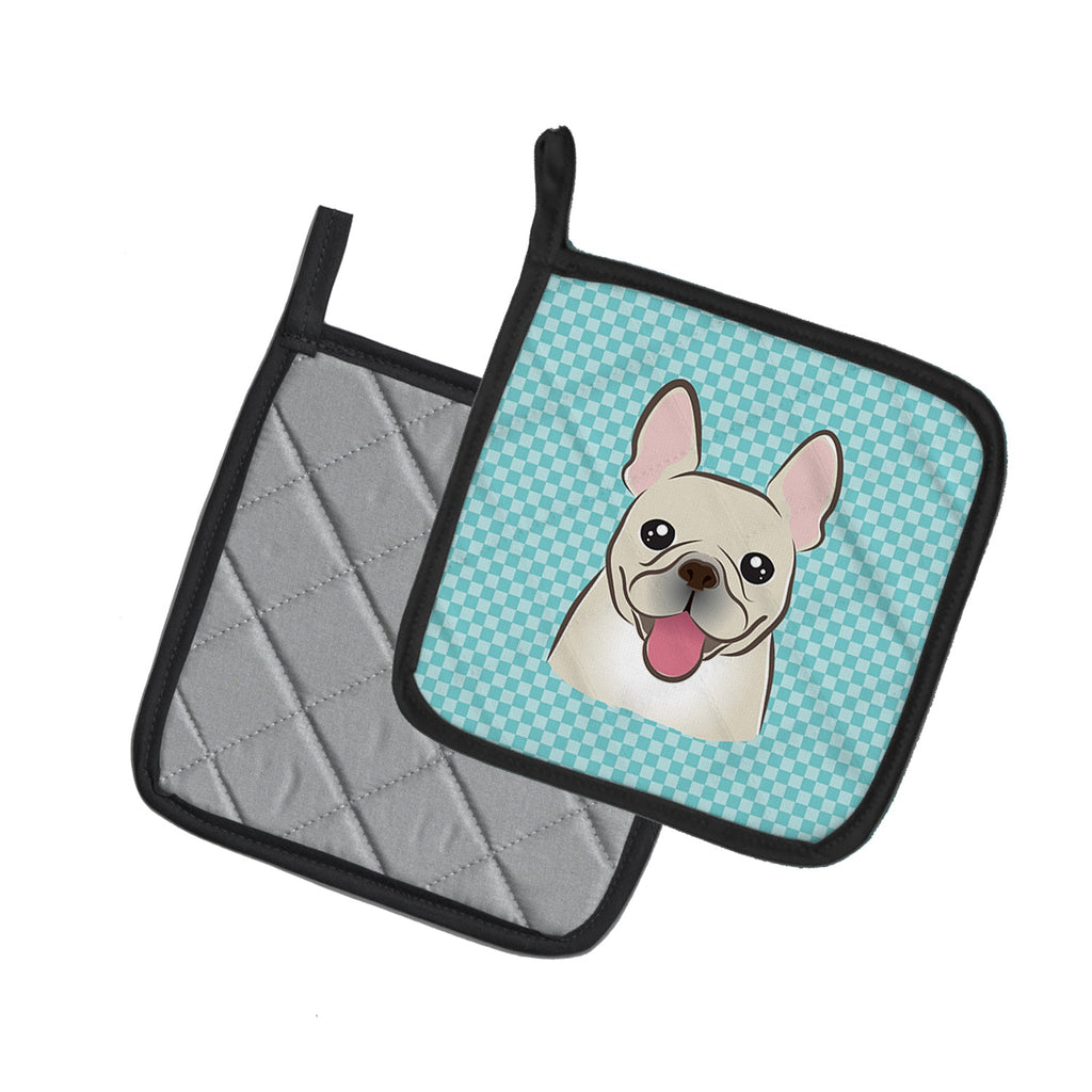 Checkerboard Blue French Bulldog Pot Holder Set of 2 Heat Resistant Quilted Hot Pads 7.5 x 7.5 Inch, Insulated Kitchen Trivets for Cooking & Baking