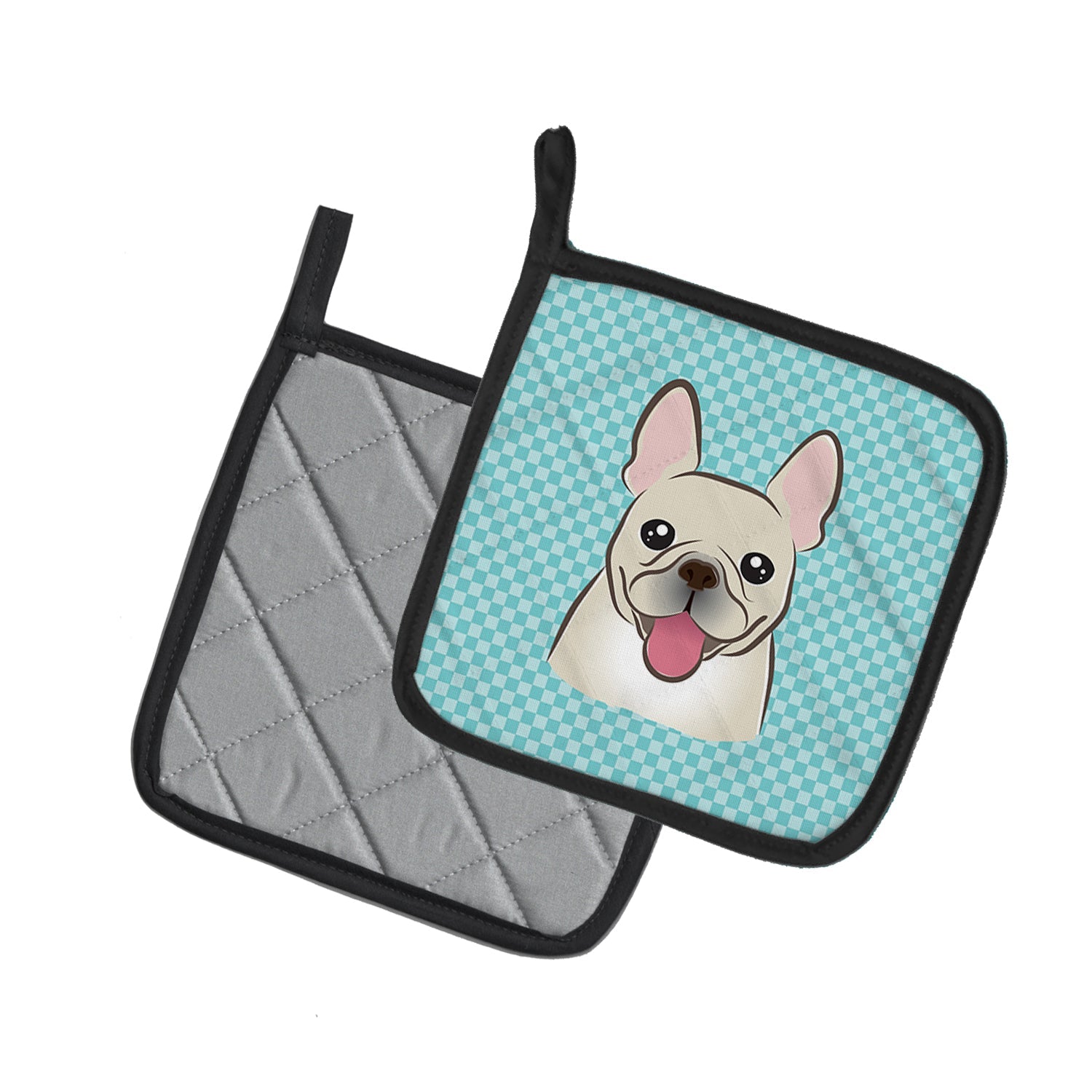 Checkerboard Blue French Bulldog Pot Holder Set of 2 Heat Resistant Quilted Hot Pads 7.5 x 7.5 Inch, Insulated Kitchen Trivets for Cooking & Baking