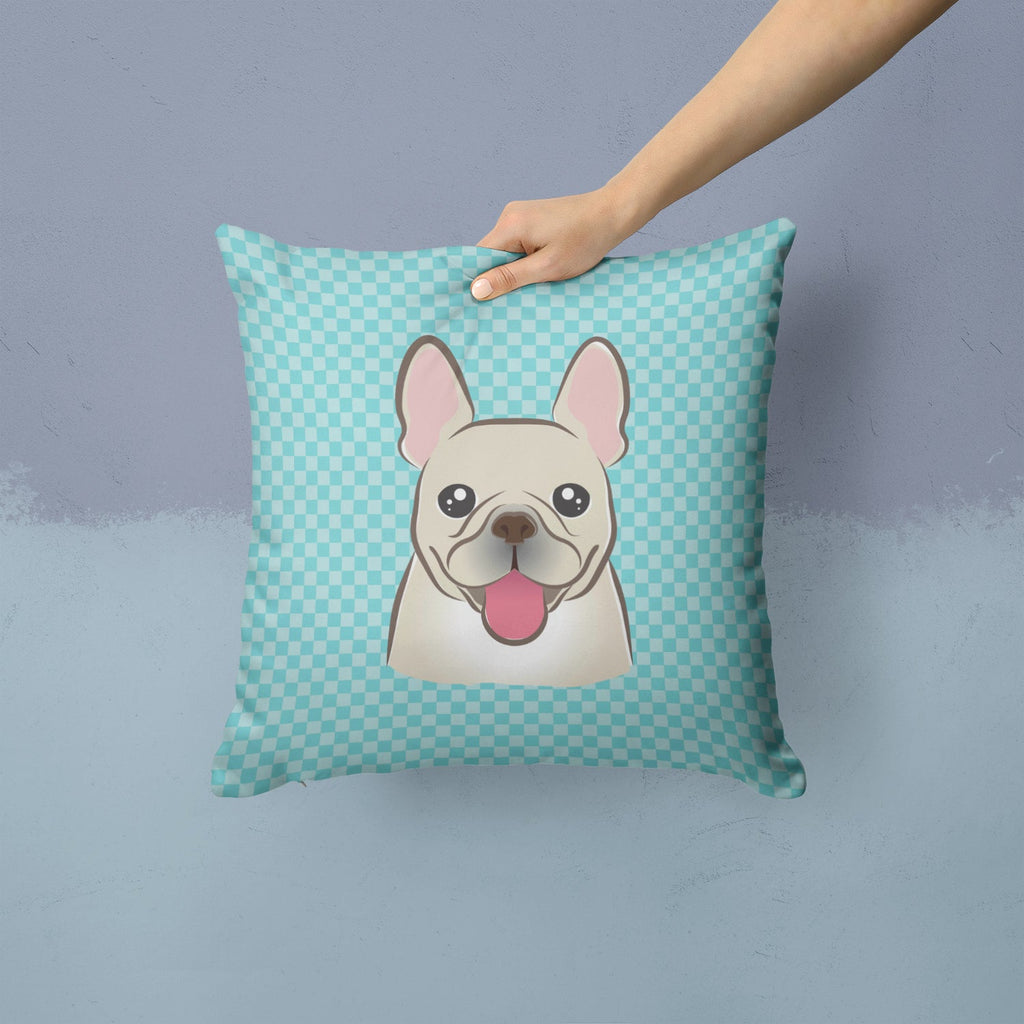 Checkerboard Blue French Bulldog Decorative Throw Pillow 14x14 Indoor Outdoor Accent Cushion, Fabric Cover with Insert for Sofa, Bed, Porch & Living Room