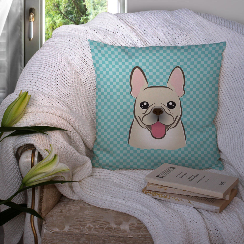 Checkerboard Blue French Bulldog Decorative Throw Pillow 14x14 Indoor Outdoor Accent Cushion, Fabric Cover with Insert for Sofa, Bed, Porch & Living Room