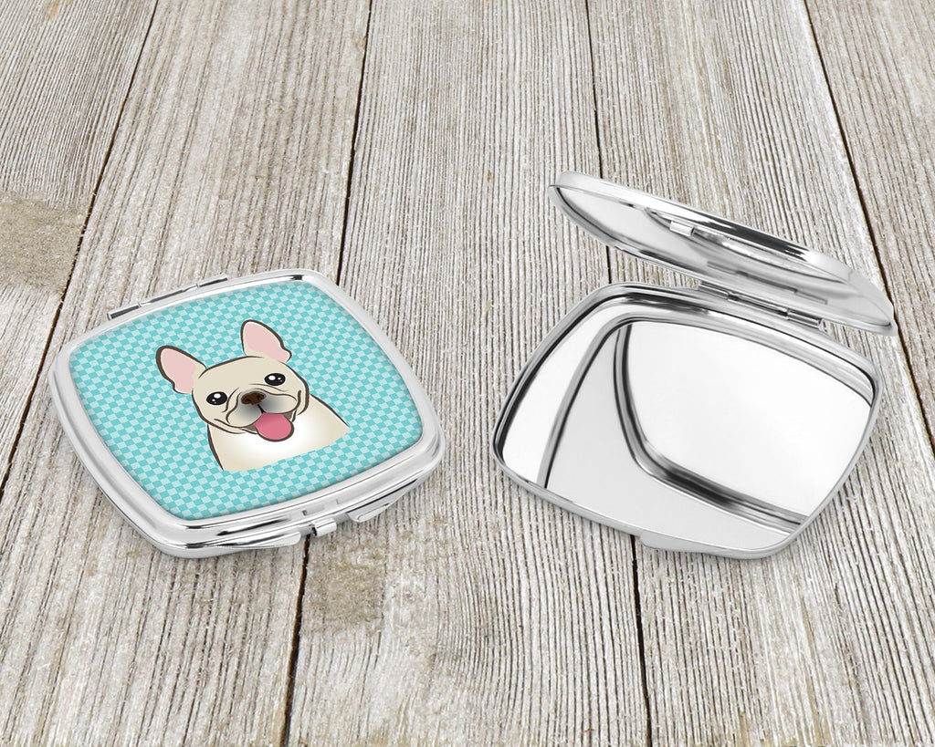 Checkerboard Blue French Bulldog Compact Mirror Decorative Travel Makeup Mirror for Women Girls Gifts Pocket Makeup Mirror Folding Handheld