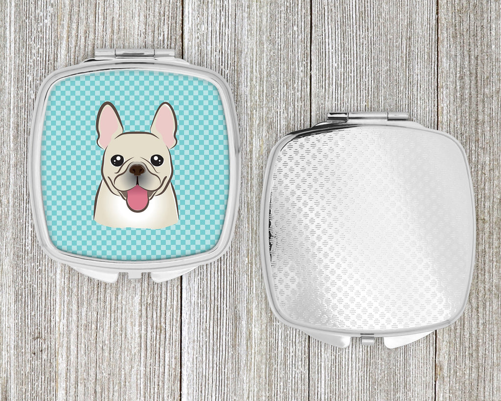 Checkerboard Blue French Bulldog Compact Mirror Decorative Travel Makeup Mirror for Women Girls Gifts Pocket Makeup Mirror Folding Handheld