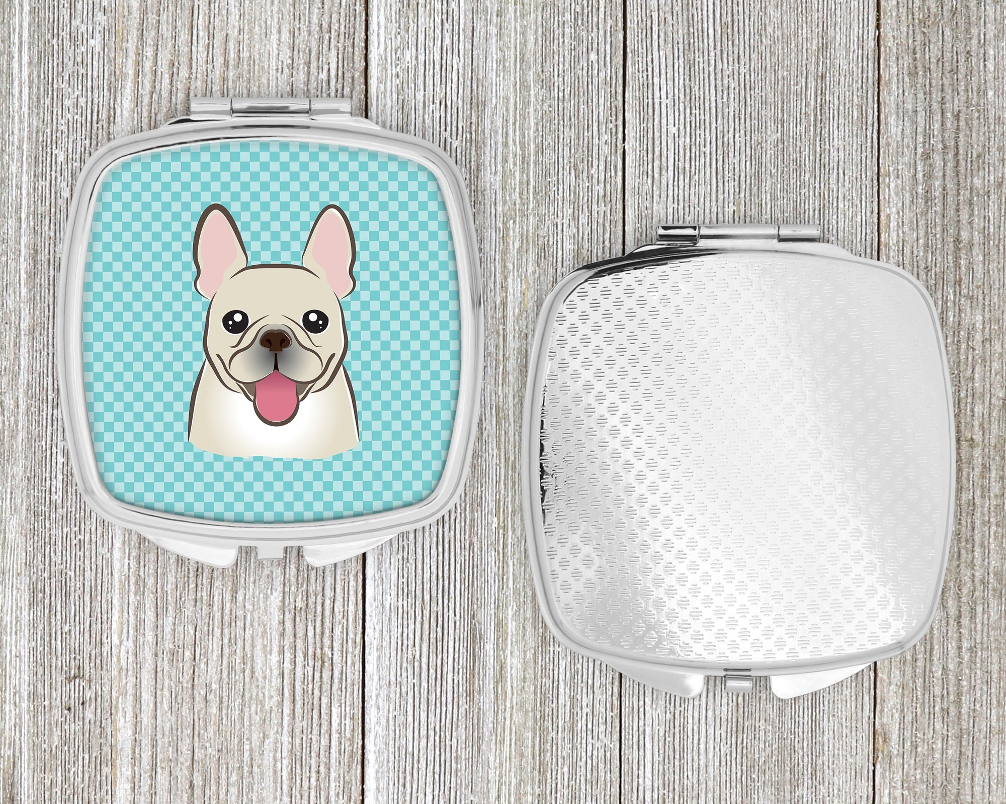 Checkerboard Blue French Bulldog Compact Mirror Decorative Travel Makeup Mirror for Women Girls Gifts Pocket Makeup Mirror Folding Handheld