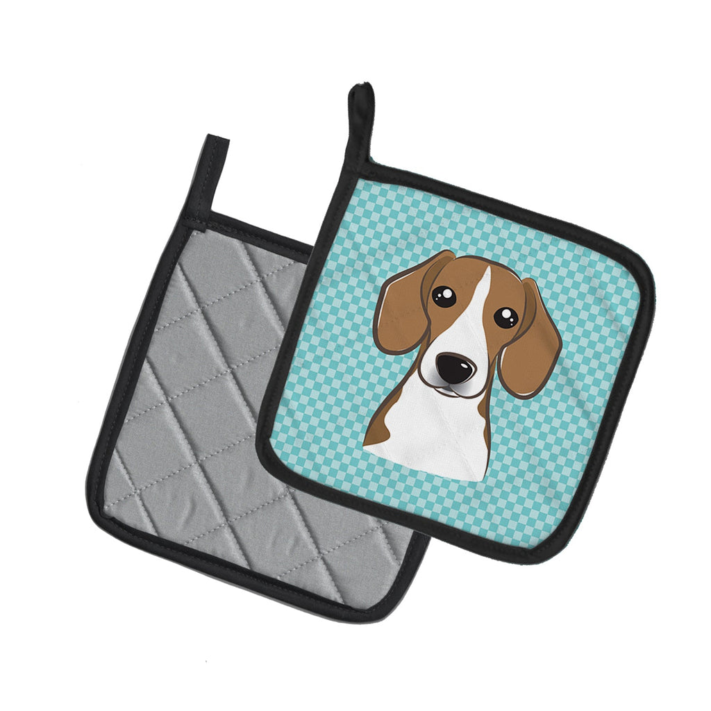 Checkerboard Blue Beagle Pot Holder Set of 2 Heat Resistant Quilted Hot Pads 7.5 x 7.5 Inch, Insulated Kitchen Trivets for Cooking & Baking