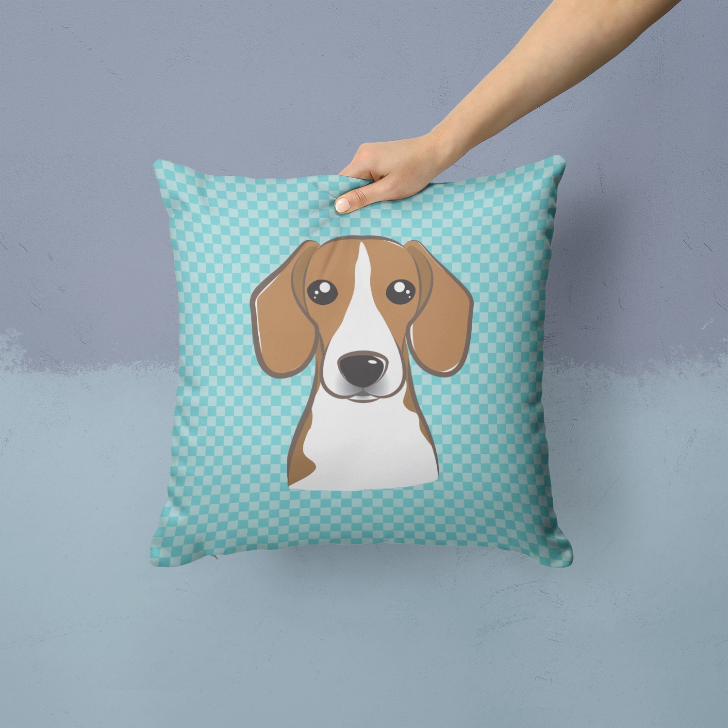 Checkerboard Blue Beagle Decorative Throw Pillow 14x14 Indoor Outdoor Accent Cushion, Fabric Cover with Insert for Sofa, Bed, Porch & Living Room