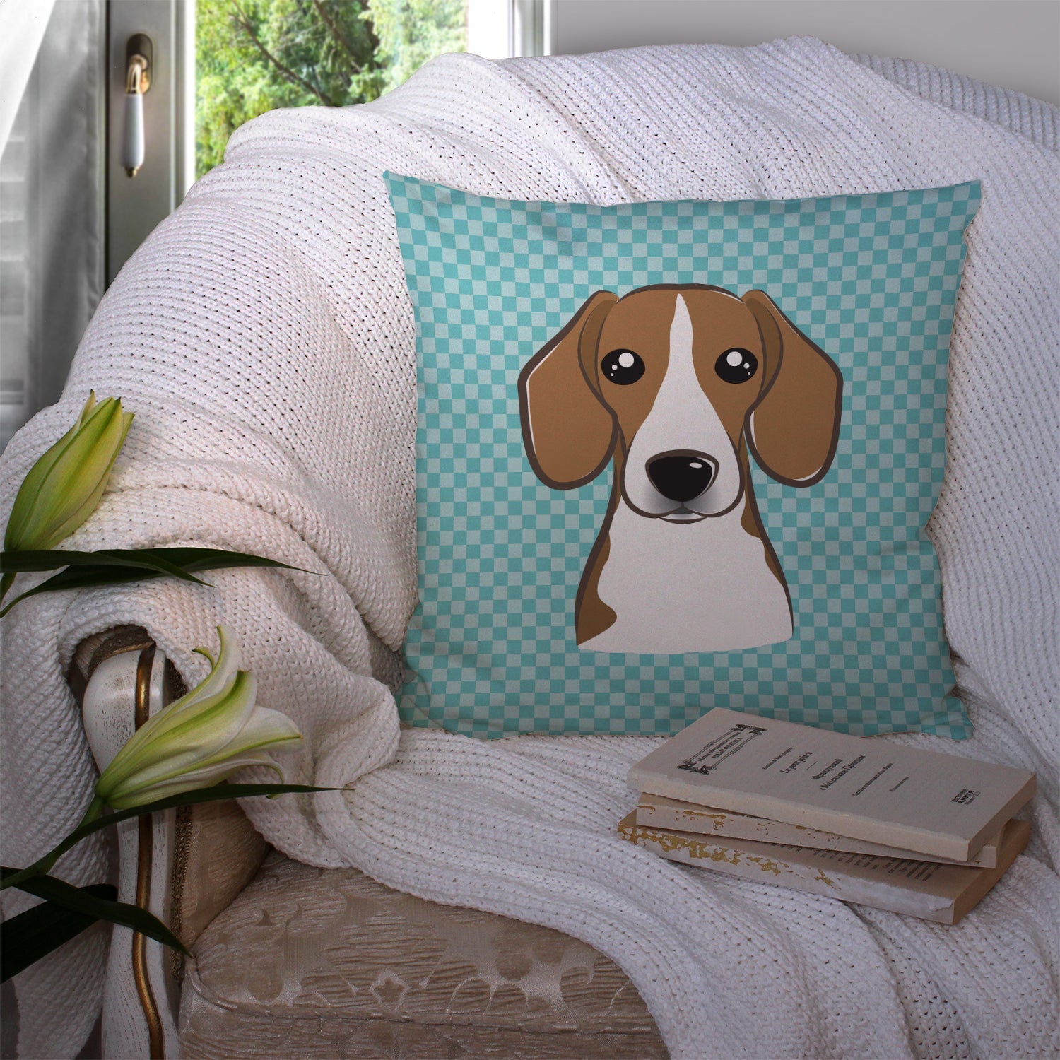 Checkerboard Blue Beagle Decorative Throw Pillow 14x14 Indoor Outdoor Accent Cushion, Fabric Cover with Insert for Sofa, Bed, Porch & Living Room