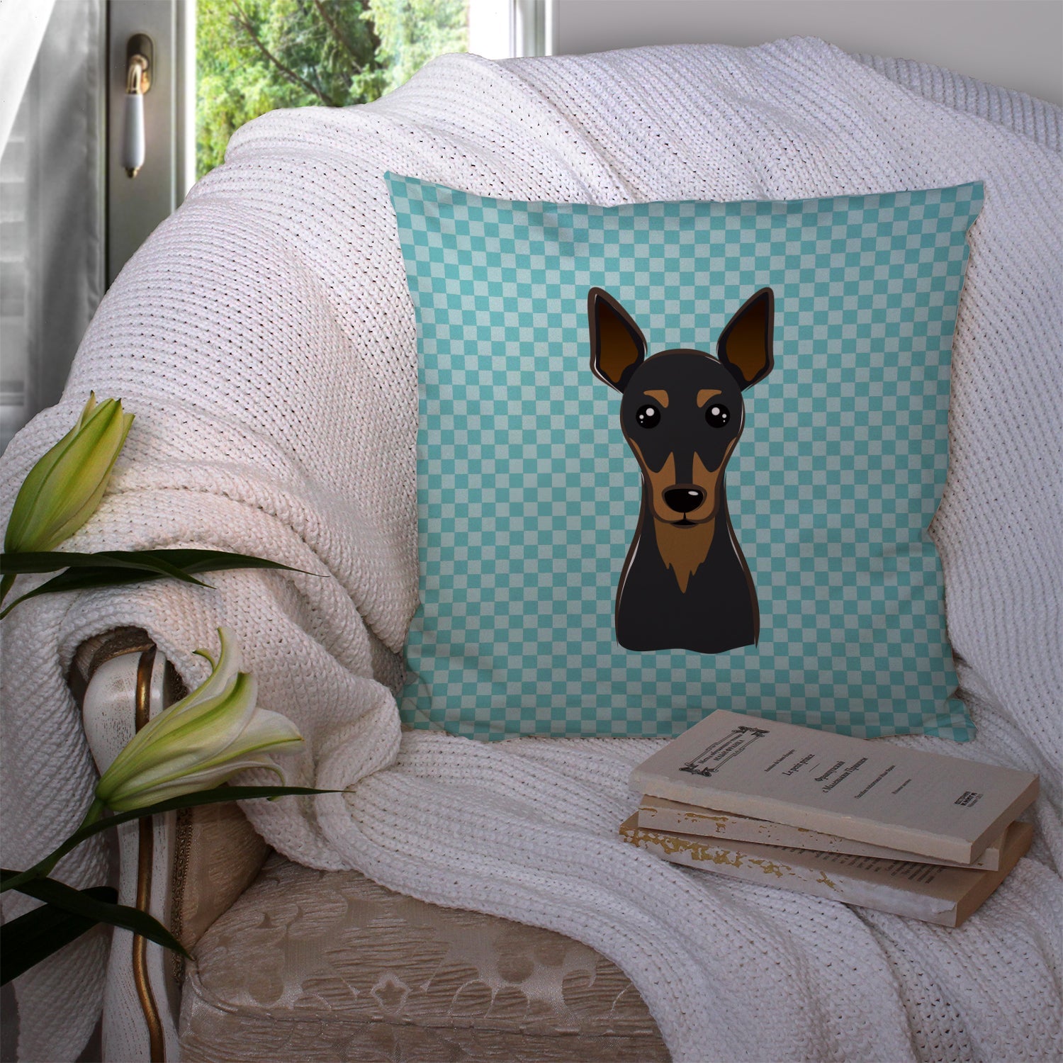 Checkerboard Blue Min Pin Decorative Throw Pillow 14x14 Indoor Outdoor Accent Cushion, Fabric Cover with Insert for Sofa, Bed, Porch & Living Room