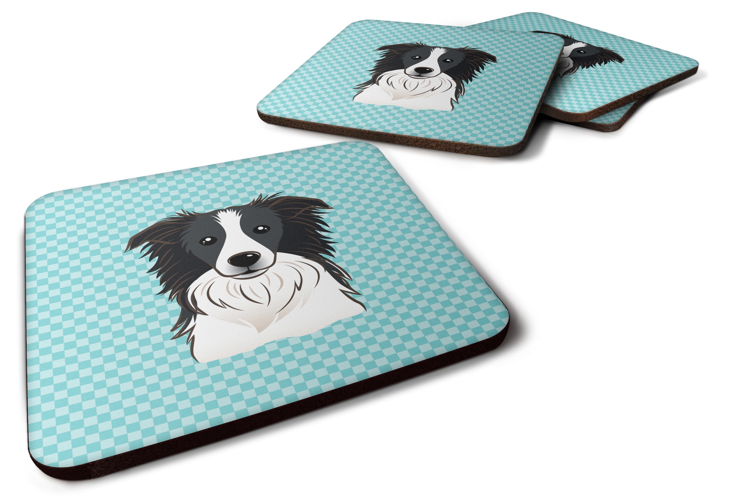 Checkerboard Blue Border Collie Foam Coasters Set of 4 Cup Coasters for Indoor Outdoor, Tabletop Protection, Anti Slip, Mouse pad Material