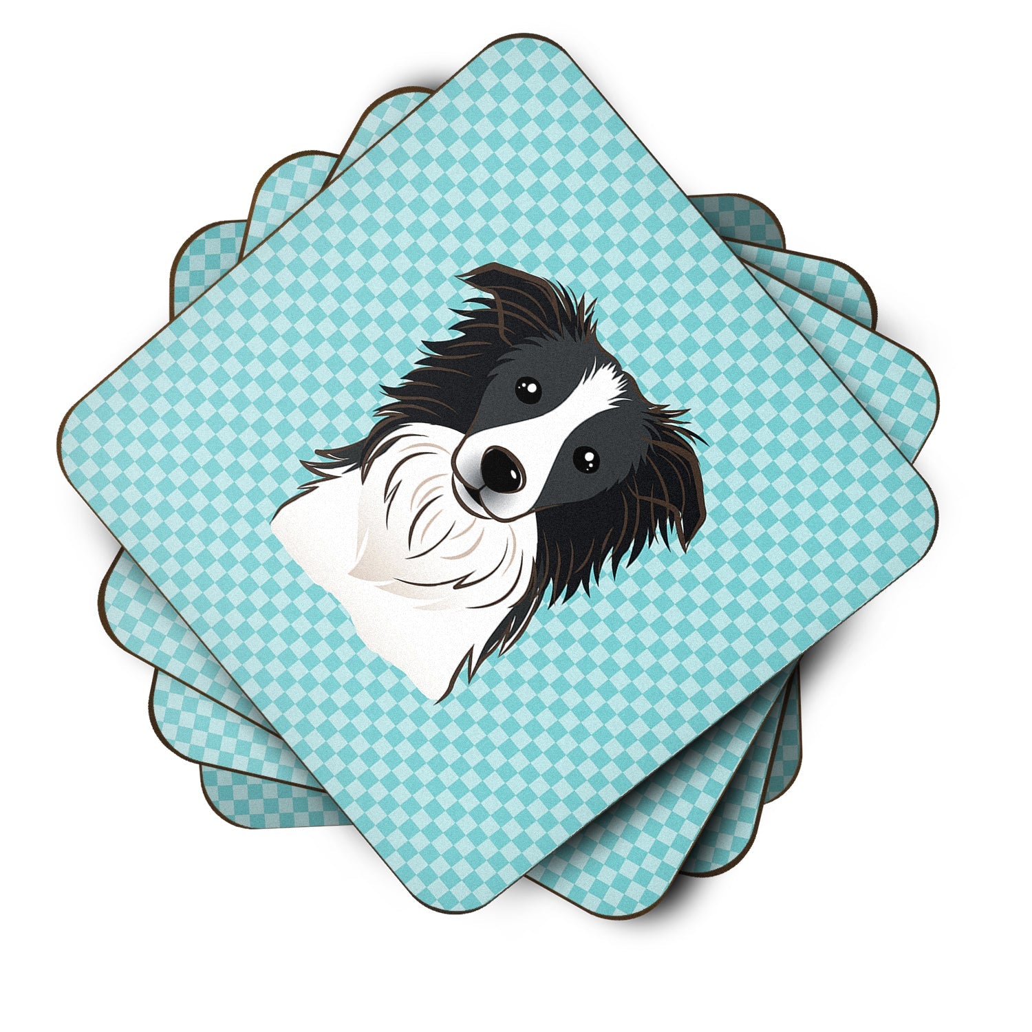 Checkerboard Blue Border Collie Foam Coasters Set of 4 Cup Coasters for Indoor Outdoor, Tabletop Protection, Anti Slip, Mouse pad Material