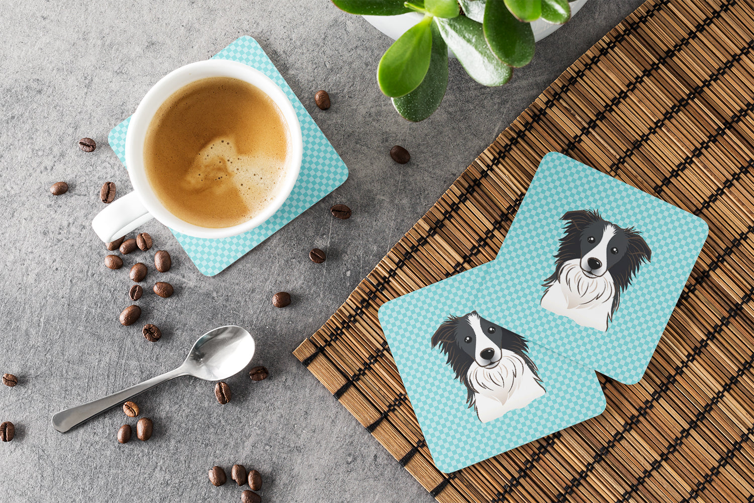 Checkerboard Blue Border Collie Foam Coasters Set of 4 Cup Coasters for Indoor Outdoor, Tabletop Protection, Anti Slip, Mouse pad Material