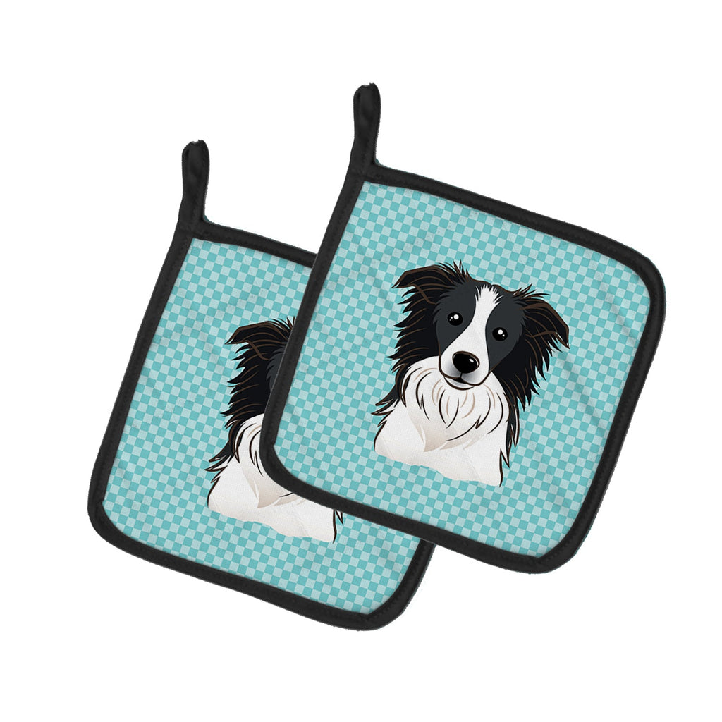 Checkerboard Blue Border Collie Pot Holder Set of 2 Heat Resistant Quilted Hot Pads 7.5 x 7.5 Inch, Insulated Kitchen Trivets for Cooking & Baking