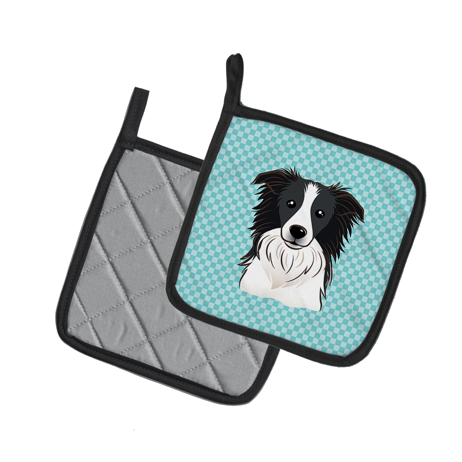Checkerboard Blue Border Collie Pot Holder Set of 2 Heat Resistant Quilted Hot Pads 7.5 x 7.5 Inch, Insulated Kitchen Trivets for Cooking & Baking