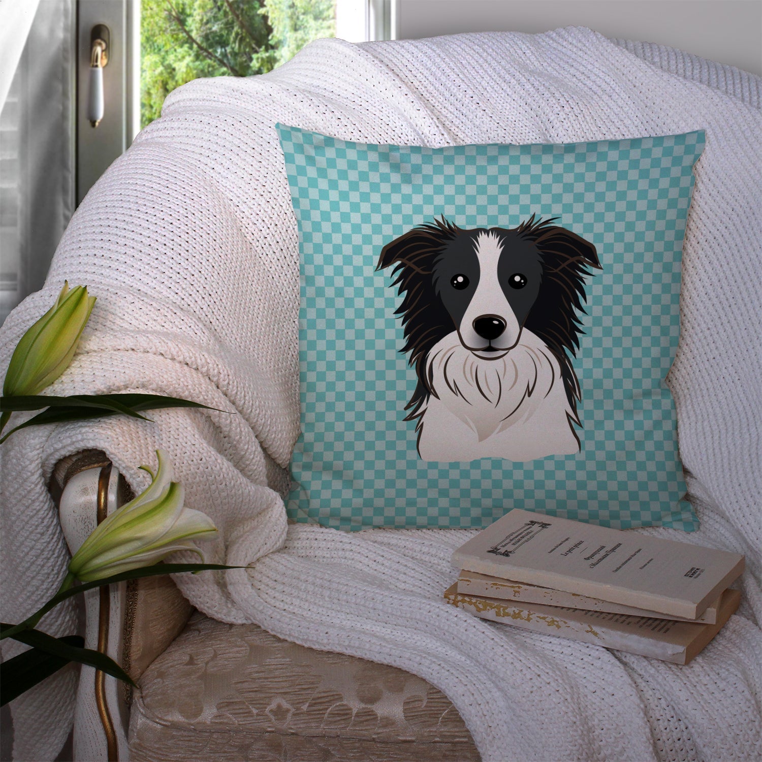 Checkerboard Blue Border Collie Decorative Throw Pillow 14x14 Indoor Outdoor Accent Cushion, Fabric Cover with Insert for Sofa, Bed, Porch & Living Room