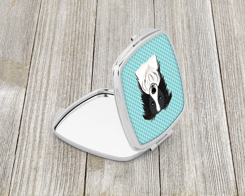 Checkerboard Blue Border Collie Compact Mirror Decorative Travel Makeup Mirror for Women Girls Gifts Pocket Makeup Mirror Folding Handheld