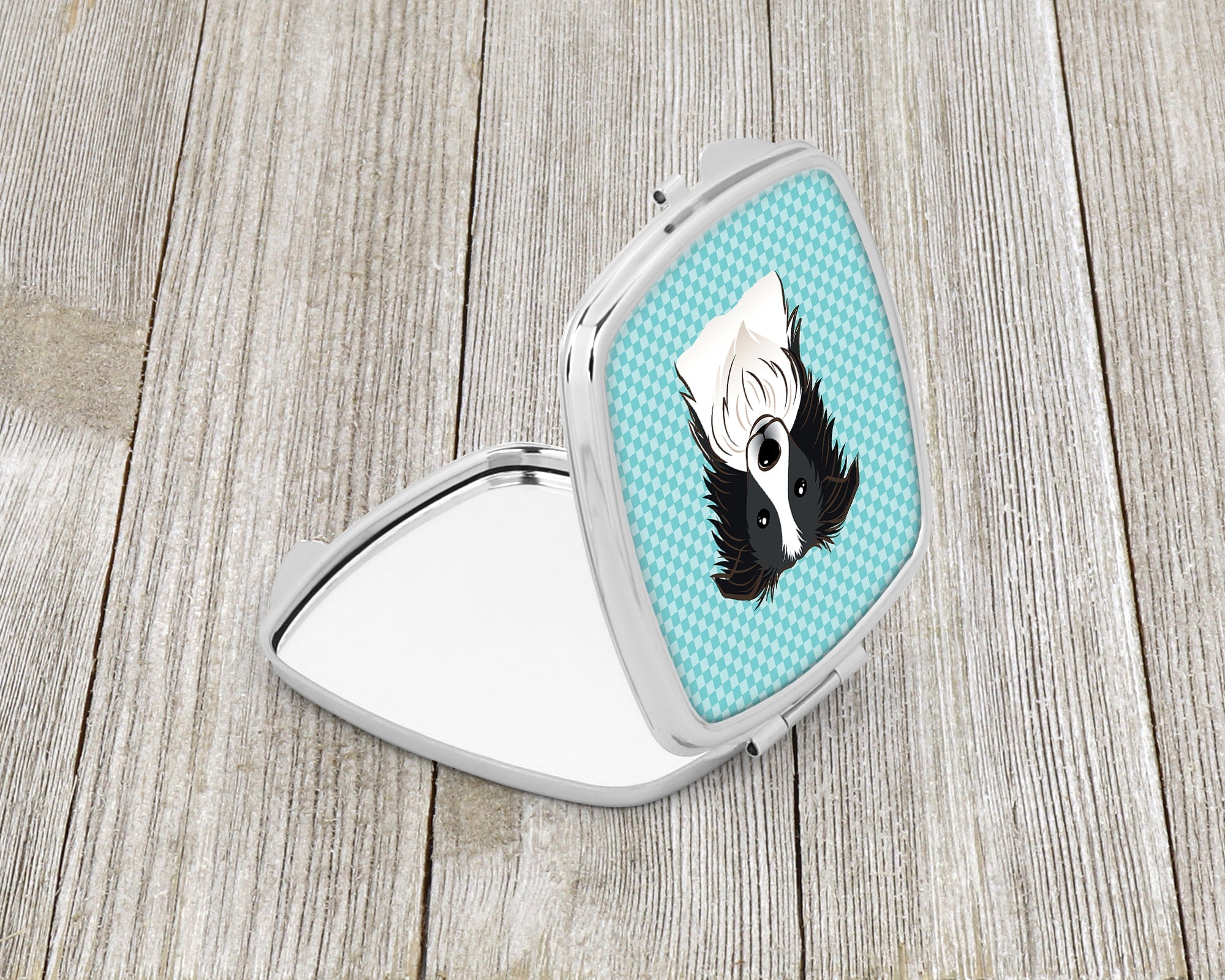 Checkerboard Blue Border Collie Compact Mirror Decorative Travel Makeup Mirror for Women Girls Gifts Pocket Makeup Mirror Folding Handheld