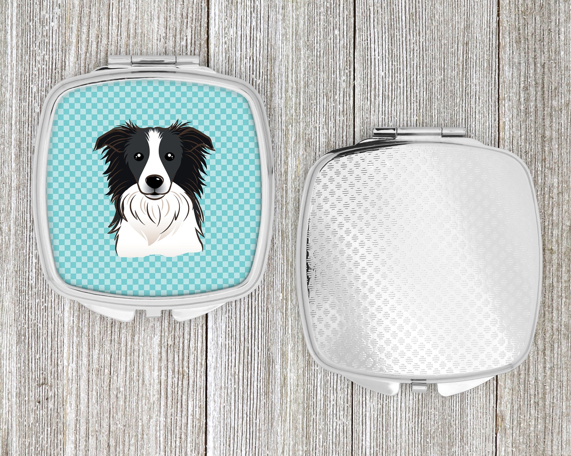 Checkerboard Blue Border Collie Compact Mirror Decorative Travel Makeup Mirror for Women Girls Gifts Pocket Makeup Mirror Folding Handheld