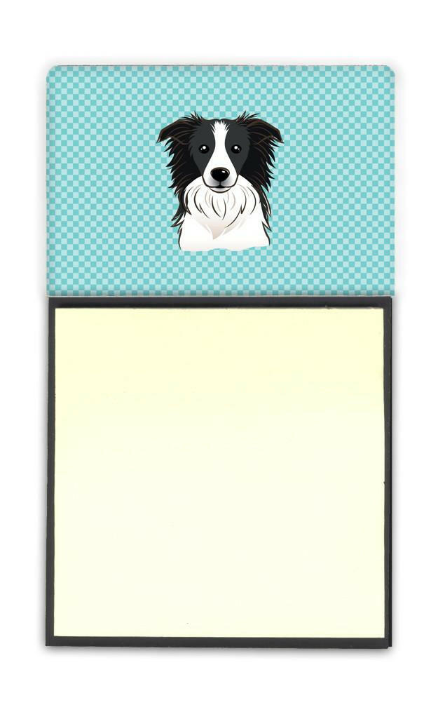 Checkerboard Blue Border Collie Watercolor Sticky Note Holder Refillable Dispenser Desk Accessory 3x3 Pad Gift