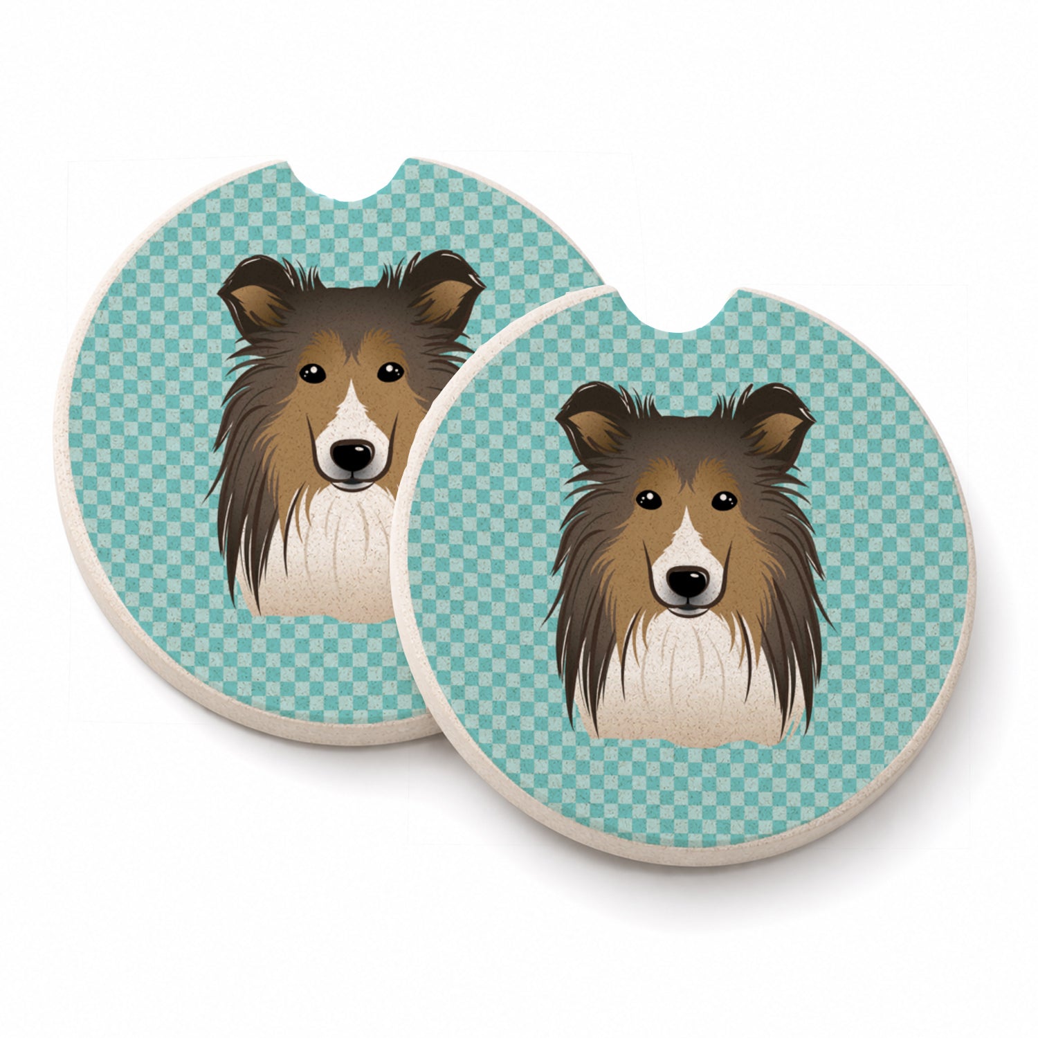 Checkerboard Blue Sheltie Set of 2 Cup Holder Car Coasters Absorbent Round Sandstone Coasters Gifts for Men or Women, 2.5, Multicolor