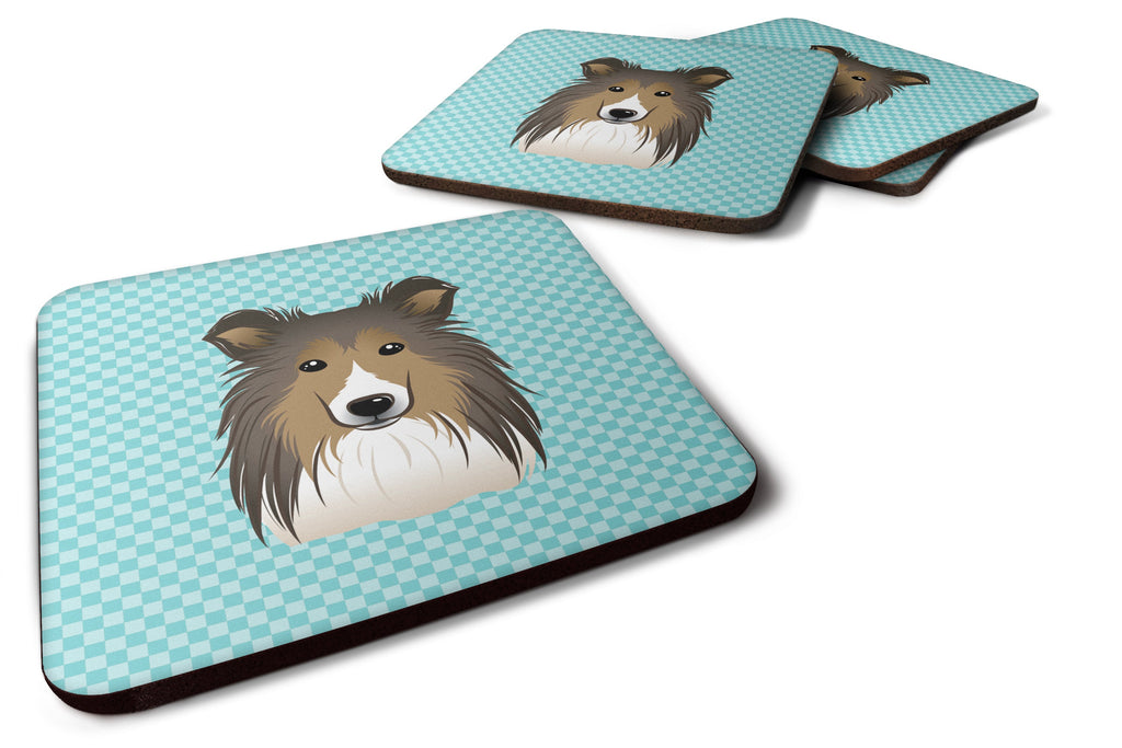 Checkerboard Blue Sheltie Foam Coasters Set of 4 Cup Coasters for Indoor Outdoor, Tabletop Protection, Anti Slip, Mouse pad Material
