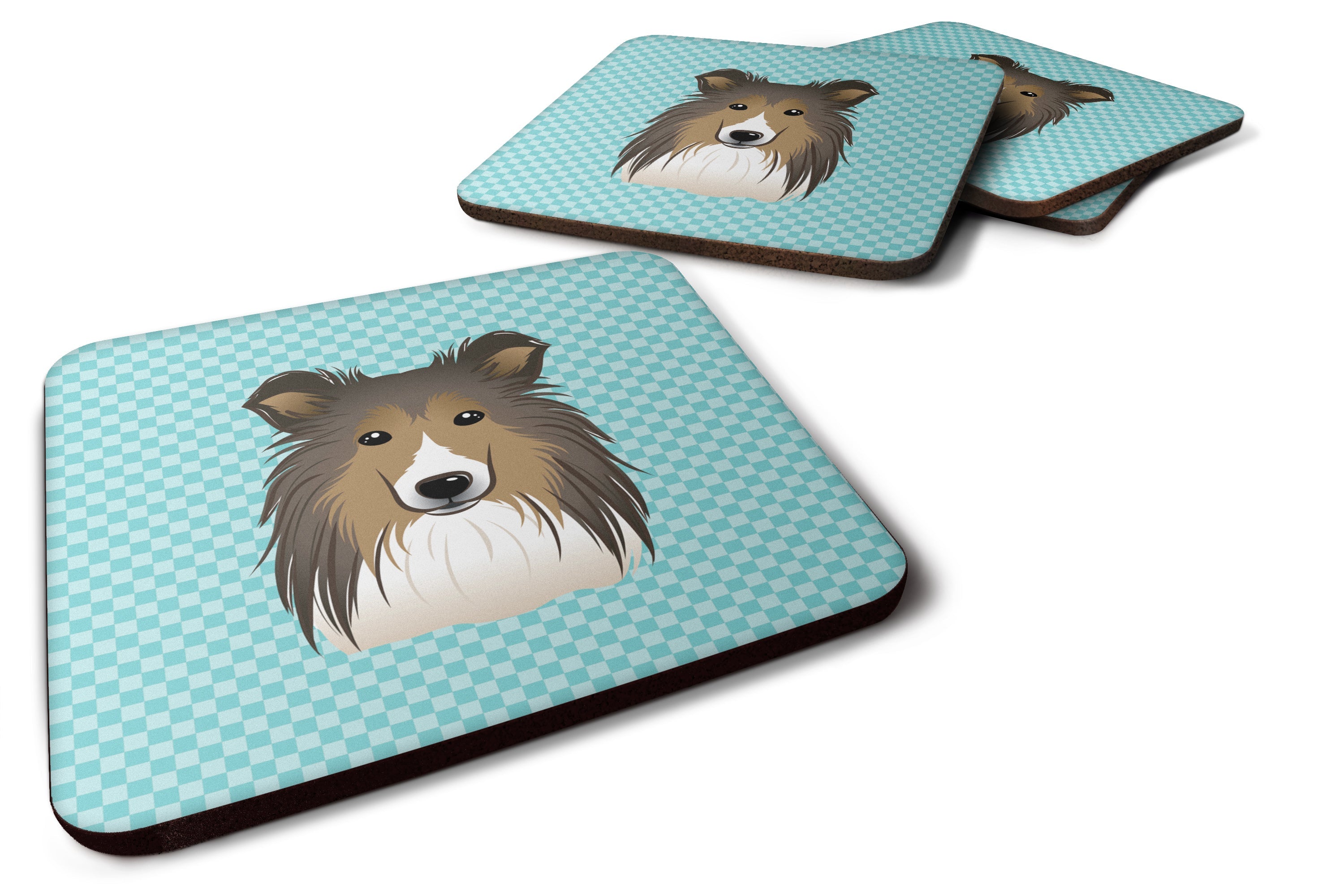 Checkerboard Blue Sheltie Foam Coasters Set of 4 Cup Coasters for Indoor Outdoor, Tabletop Protection, Anti Slip, Mouse pad Material