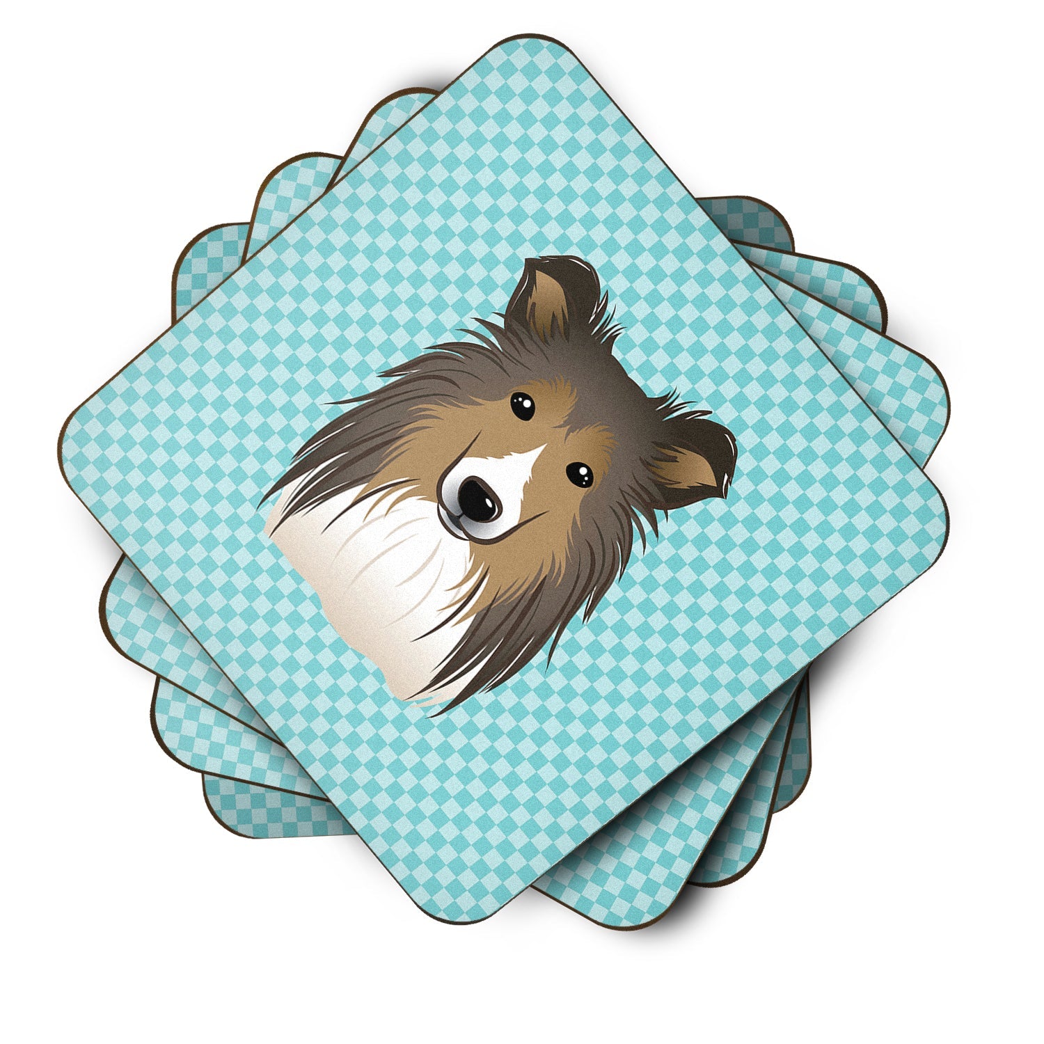 Checkerboard Blue Sheltie Foam Coasters Set of 4 Cup Coasters for Indoor Outdoor, Tabletop Protection, Anti Slip, Mouse pad Material