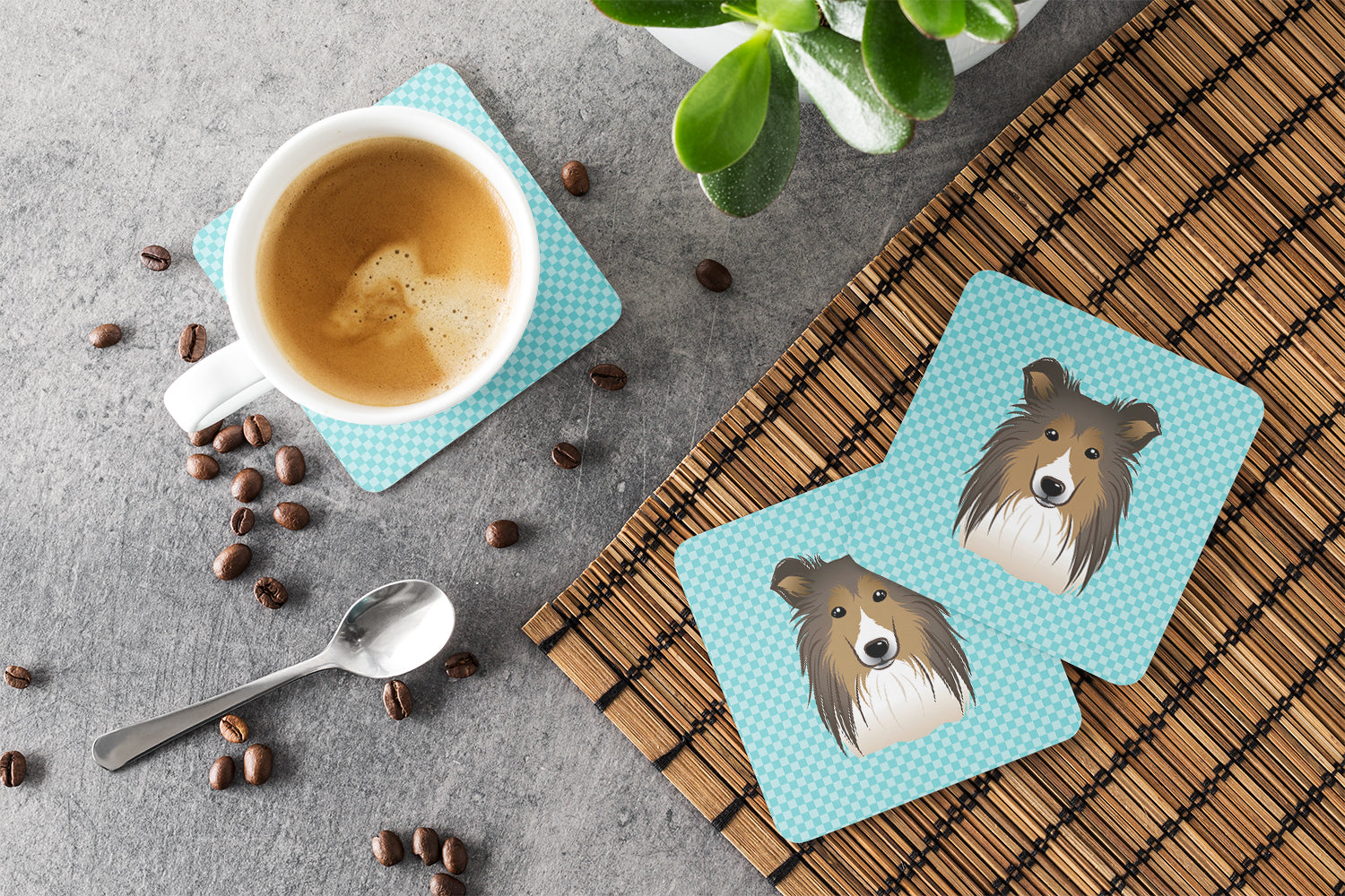 Checkerboard Blue Sheltie Foam Coasters Set of 4 Cup Coasters for Indoor Outdoor, Tabletop Protection, Anti Slip, Mouse pad Material