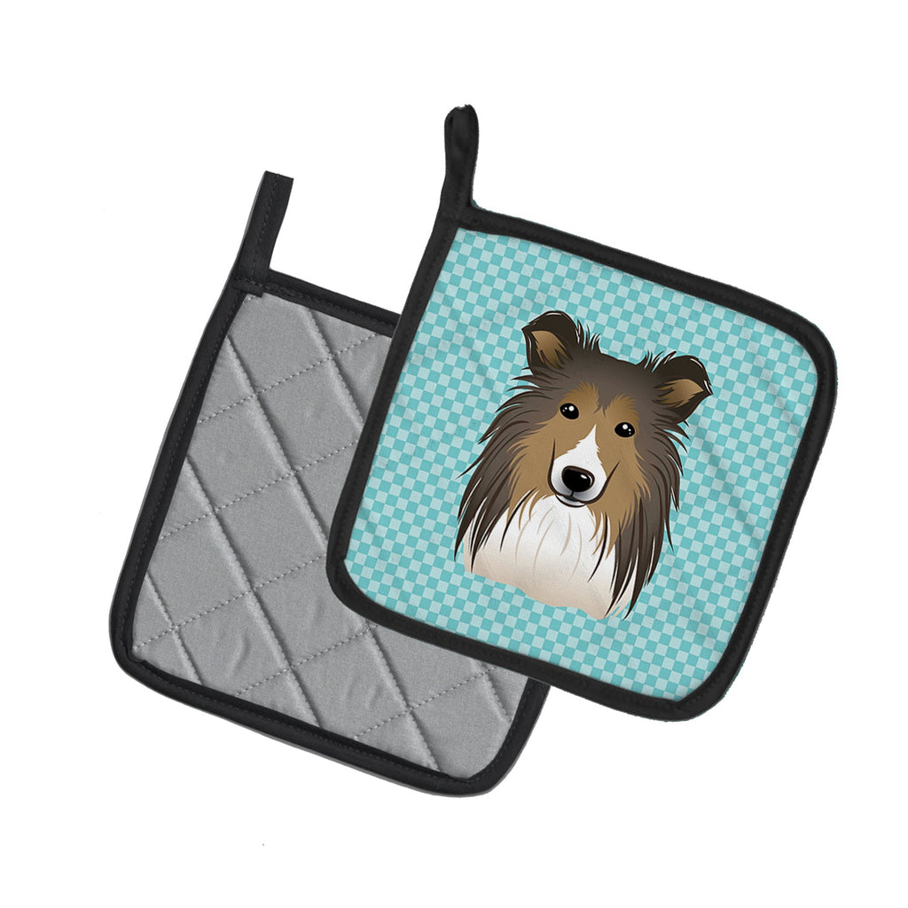 Checkerboard Blue Sheltie Pot Holder Set of 2 Heat Resistant Quilted Hot Pads 7.5 x 7.5 Inch, Insulated Kitchen Trivets for Cooking & Baking