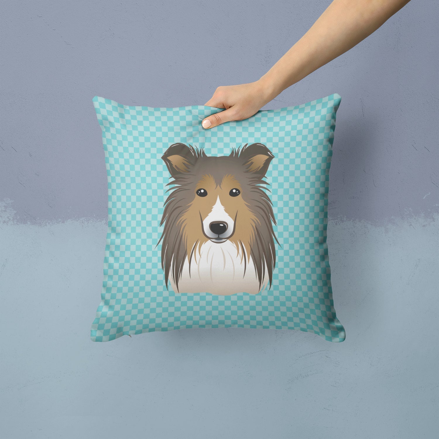 Checkerboard Blue Sheltie Decorative Throw Pillow 14x14 Indoor Outdoor Accent Cushion, Fabric Cover with Insert for Sofa, Bed, Porch & Living Room