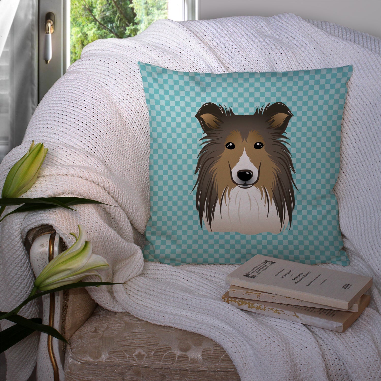 Checkerboard Blue Sheltie Decorative Throw Pillow 14x14 Indoor Outdoor Accent Cushion, Fabric Cover with Insert for Sofa, Bed, Porch & Living Room