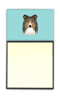 Checkerboard Blue Sheltie Watercolor Sticky Note Holder Refillable Dispenser Desk Accessory 3x3 Pad Gift