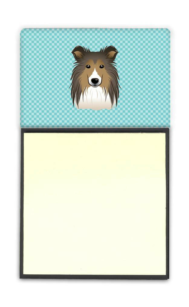 Checkerboard Blue Sheltie Watercolor Sticky Note Holder Refillable Dispenser Desk Accessory 3x3 Pad Gift