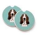 Checkerboard Blue Basset Hound Set of 2 Cup Holder Car Coasters Absorbent Round Sandstone Coasters Gifts for Men or Women, 2.5, Multicolor