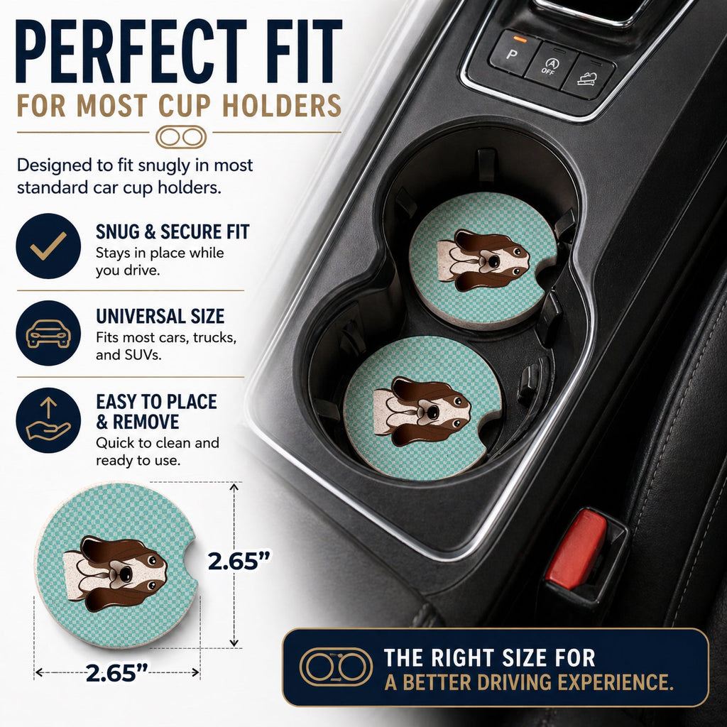 Checkerboard Blue Basset Hound Set of 2 Cup Holder Car Coasters Absorbent Round Sandstone Coasters Gifts for Men or Women, 2.5, Multicolor