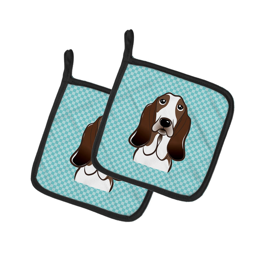 Checkerboard Blue Basset Hound Pot Holder Set of 2 Heat Resistant Quilted Hot Pads 7.5 x 7.5 Inch, Insulated Kitchen Trivets for Cooking & Baking