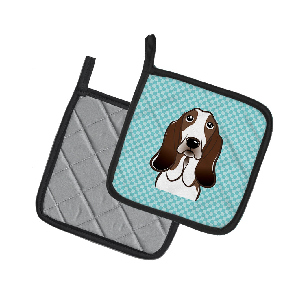 Checkerboard Blue Basset Hound Pot Holder Set of 2 Heat Resistant Quilted Hot Pads 7.5 x 7.5 Inch, Insulated Kitchen Trivets for Cooking & Baking