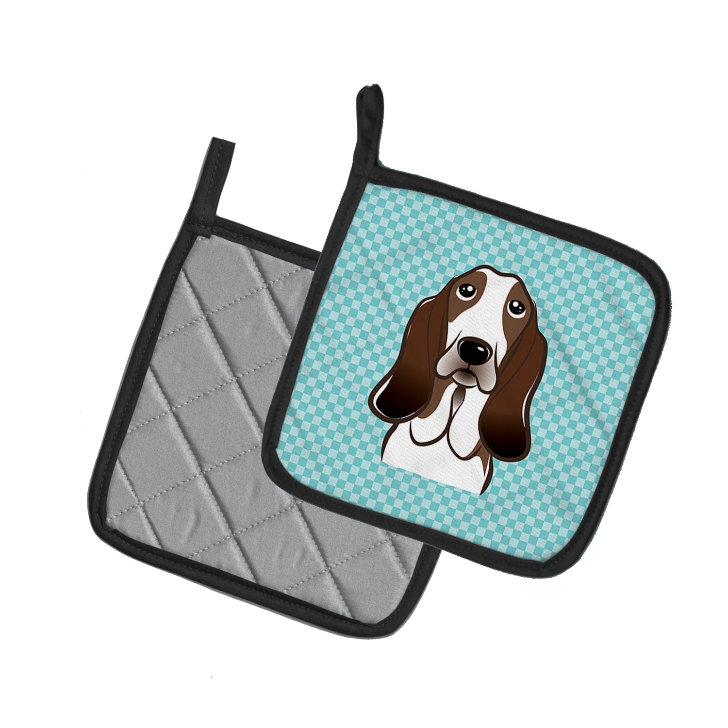 Checkerboard Blue Basset Hound Pot Holder Set of 2 Heat Resistant Quilted Hot Pads 7.5 x 7.5 Inch, Insulated Kitchen Trivets for Cooking & Baking