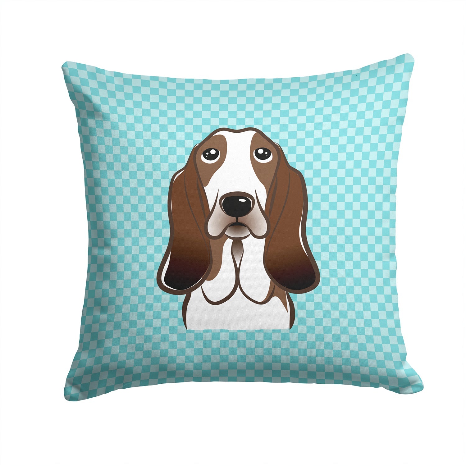 Checkerboard Blue Basset Hound Decorative Throw Pillow 14x14 Indoor Outdoor Accent Cushion, Fabric Cover with Insert for Sofa, Bed, Porch & Living Room