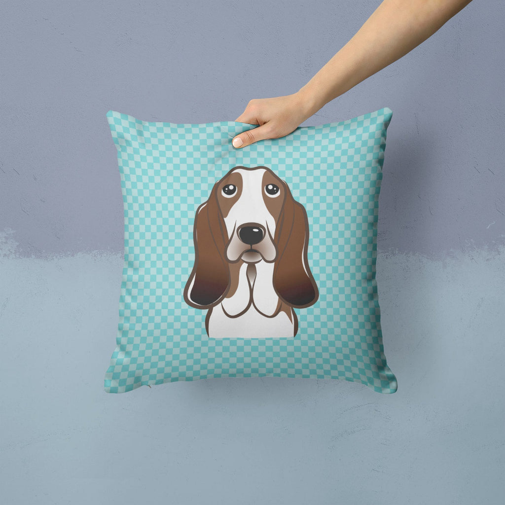 Checkerboard Blue Basset Hound Decorative Throw Pillow 14x14 Indoor Outdoor Accent Cushion, Fabric Cover with Insert for Sofa, Bed, Porch & Living Room