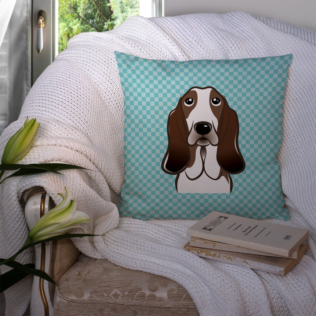 Checkerboard Blue Basset Hound Decorative Throw Pillow 14x14 Indoor Outdoor Accent Cushion, Fabric Cover with Insert for Sofa, Bed, Porch & Living Room