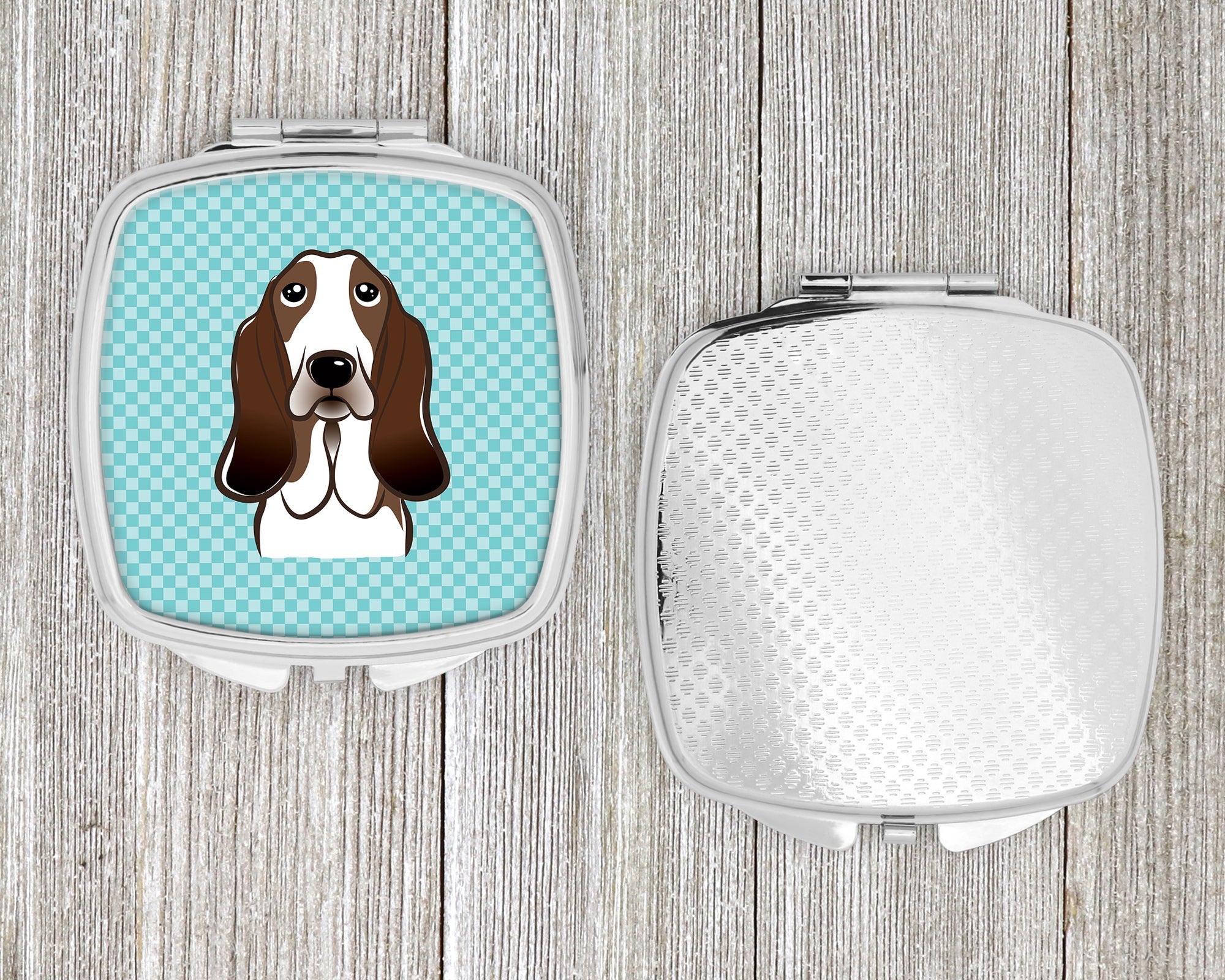 Checkerboard Blue Basset Hound Compact Mirror Decorative Travel Makeup Mirror for Women Girls Gifts Pocket Makeup Mirror Folding Handheld