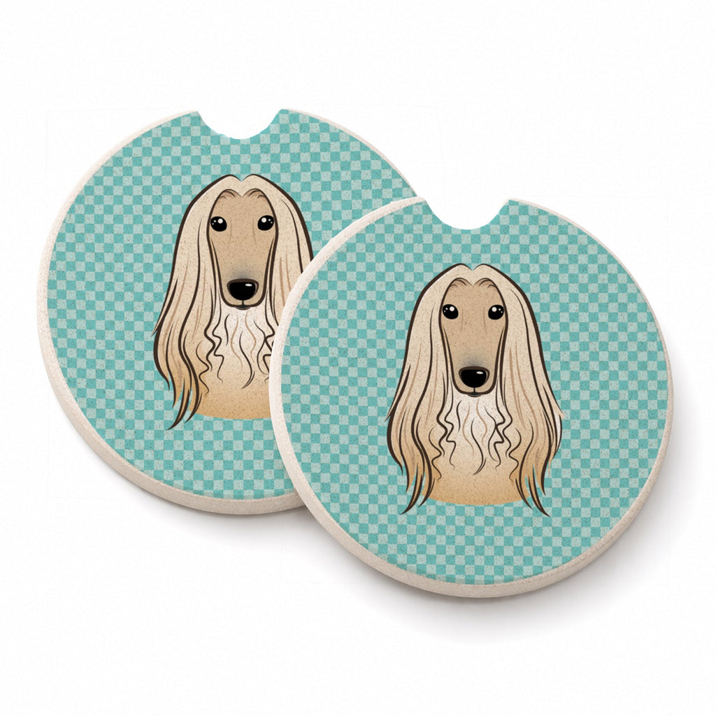 Checkerboard Blue Afghan Hound Set of 2 Cup Holder Car Coasters Absorbent Round Sandstone Coasters Gifts for Men or Women, 2.5, Multicolor