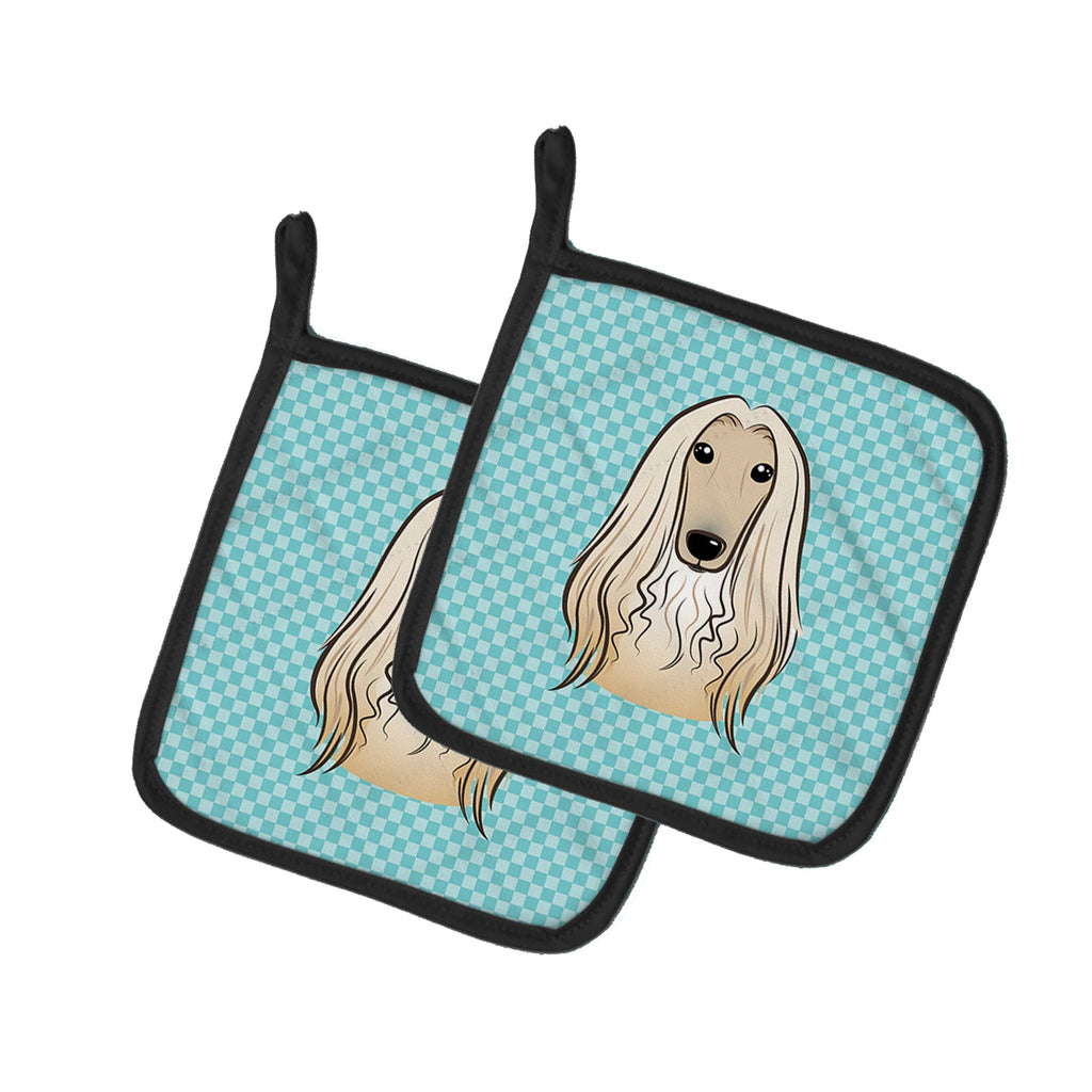 Checkerboard Blue Afghan Hound Pot Holder Set of 2 Heat Resistant Quilted Hot Pads 7.5 x 7.5 Inch, Insulated Kitchen Trivets for Cooking & Baking