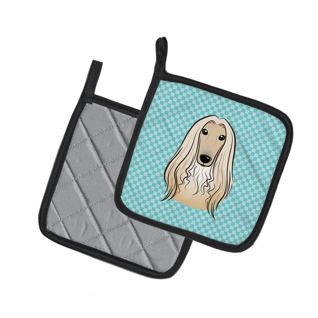 Checkerboard Blue Afghan Hound Pot Holder Set of 2 Heat Resistant Quilted Hot Pads 7.5 x 7.5 Inch, Insulated Kitchen Trivets for Cooking & Baking