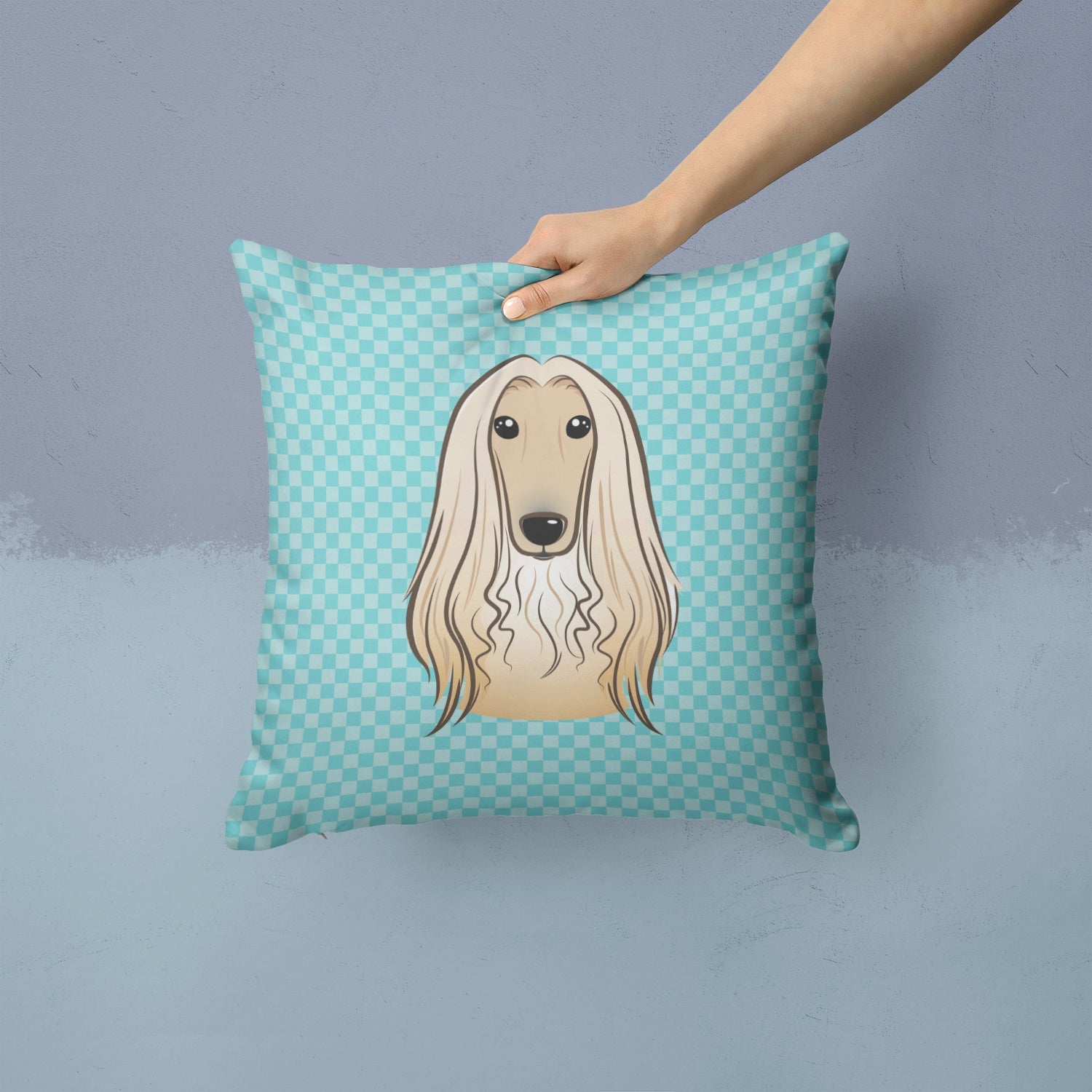 Checkerboard Blue Afghan Hound Decorative Throw Pillow 14x14 Indoor Outdoor Accent Cushion, Fabric Cover with Insert for Sofa, Bed, Porch & Living Room