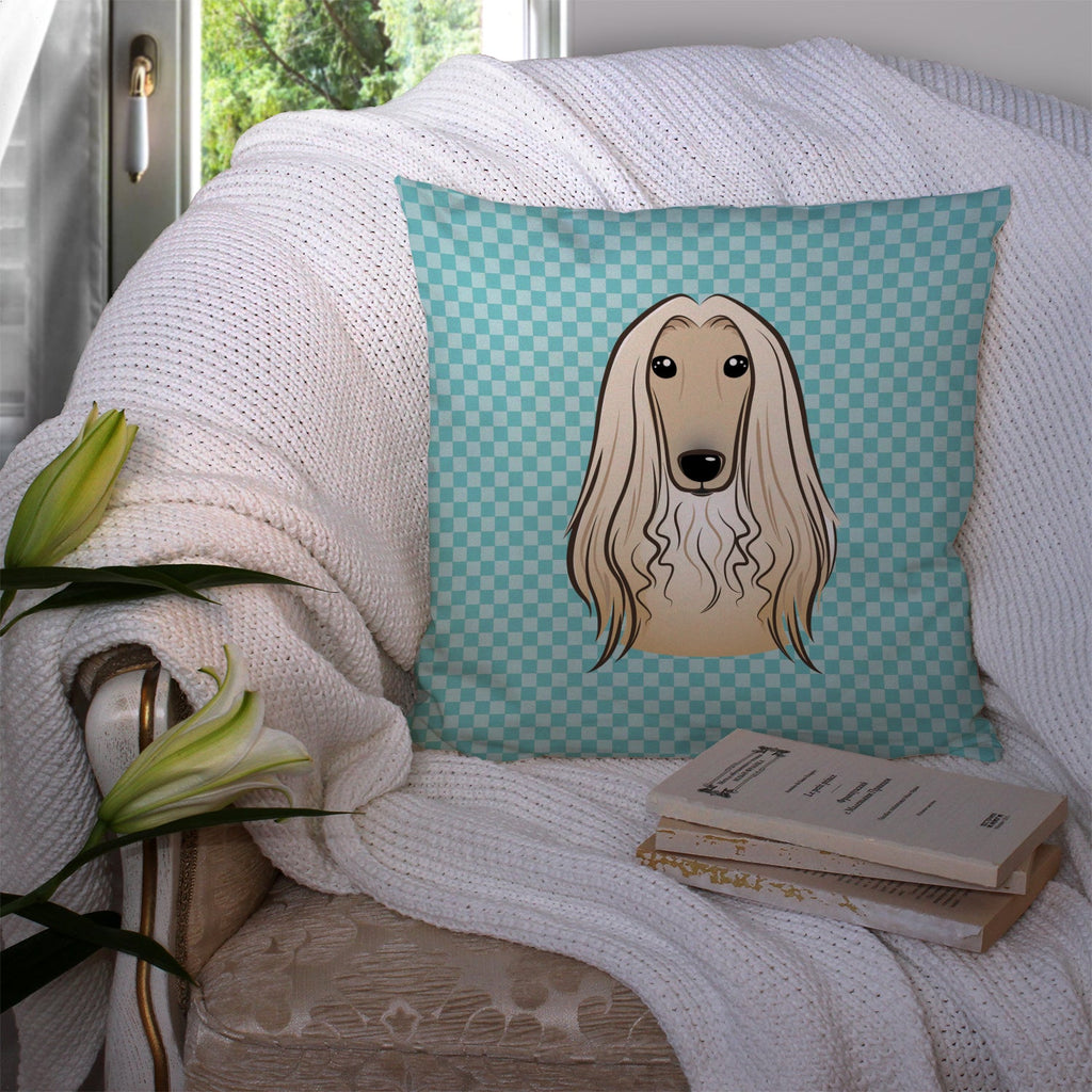 Checkerboard Blue Afghan Hound Decorative Throw Pillow 14x14 Indoor Outdoor Accent Cushion, Fabric Cover with Insert for Sofa, Bed, Porch & Living Room